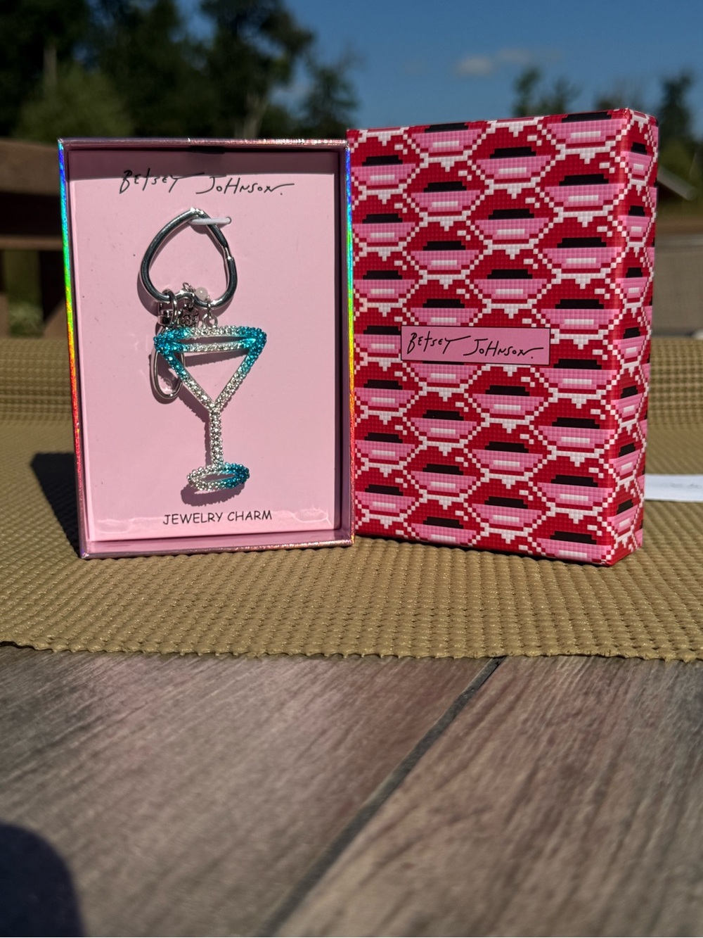 NIB Betsey Johnson Martini Glass Rhinestone Bag Charm / Keychain